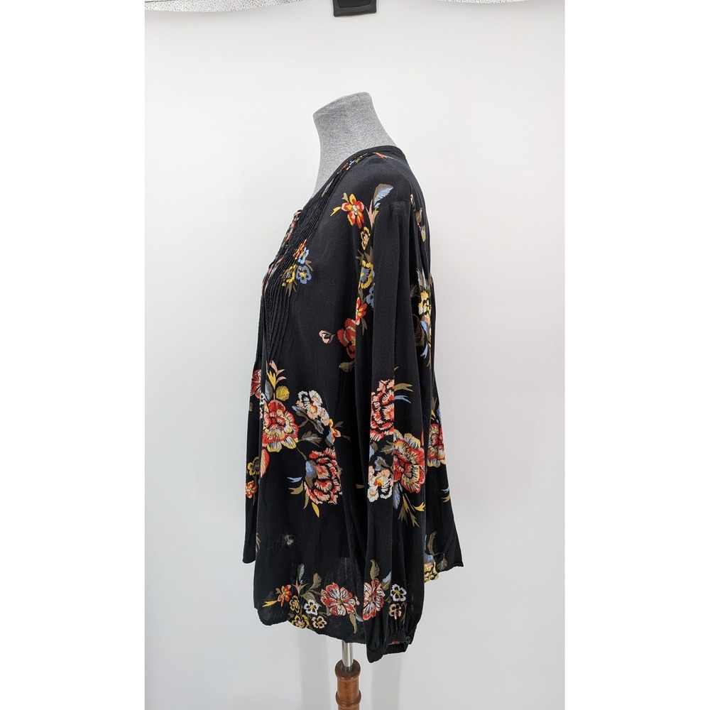 Boho Prairie Summer Black Floral Lace Up Pintuck‎ Pleated Long Sleeve 2X Top - Picture 5 of 6